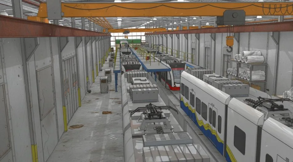 Rail vehicle assembly hall with light rail carbodies on a production line beneath overhead cranes