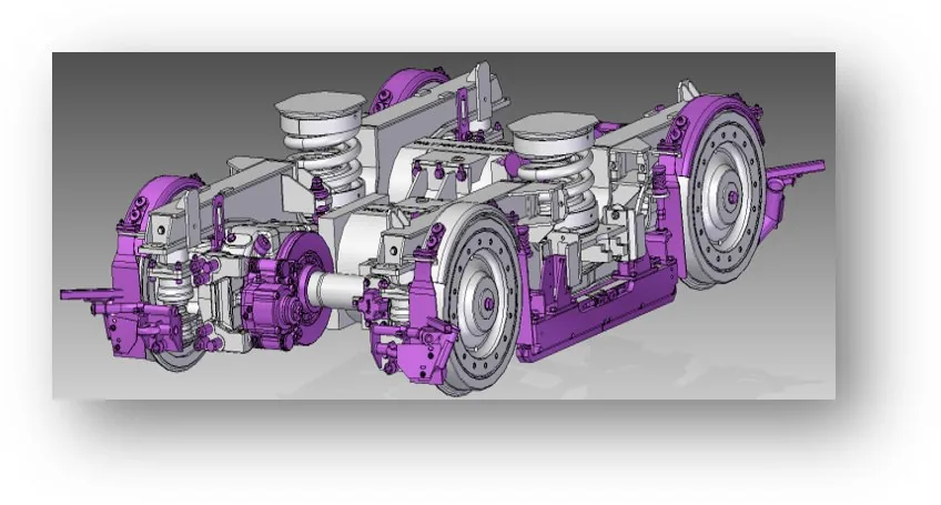 CAD assembly of a rail vehicle bogie with suspension, wheelsets and brake discs