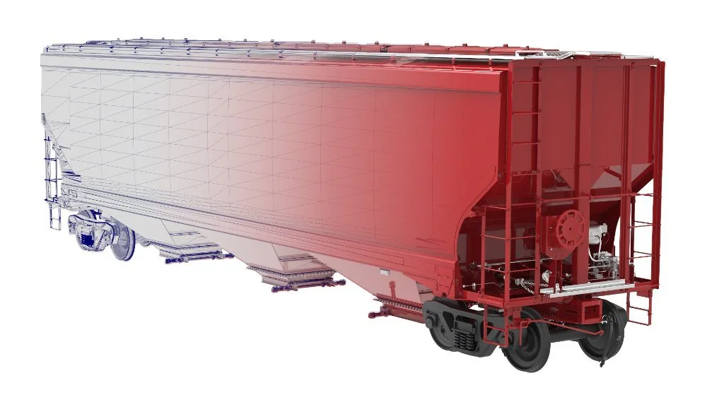 Covered hopper car 3D model showing structural framing beneath the outer shell