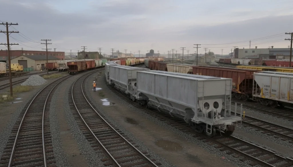 Covered hopper cars standing in a classification yard