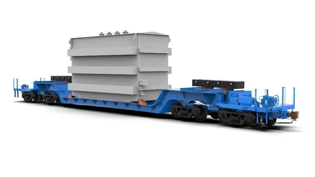 28-axle depressed-center heavy haul car carrying an oversized industrial load